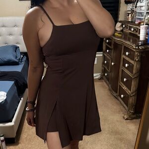 Brown Spaghetti-Strap A-Line Dress